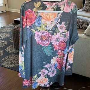 Soft Surroundings Floral Long Sleeve Top - Gray, pink, purple and green.